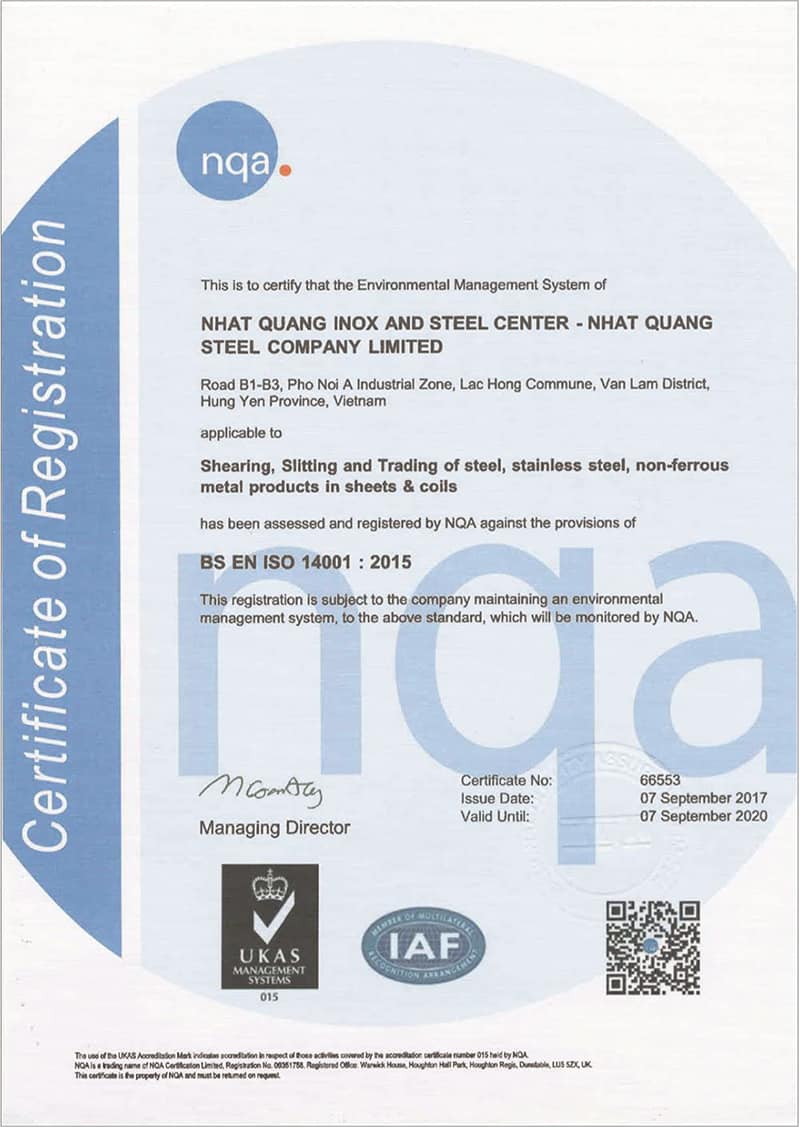 Chứng nhận đạt tiêu chuẩn BS EN ISO 14001:2015