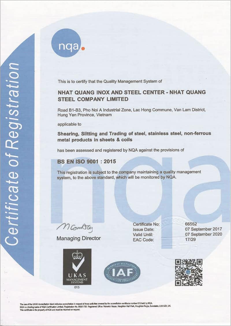 Chứng nhận đạt tiêu chuẩn BS EN ISO 9001:2015
