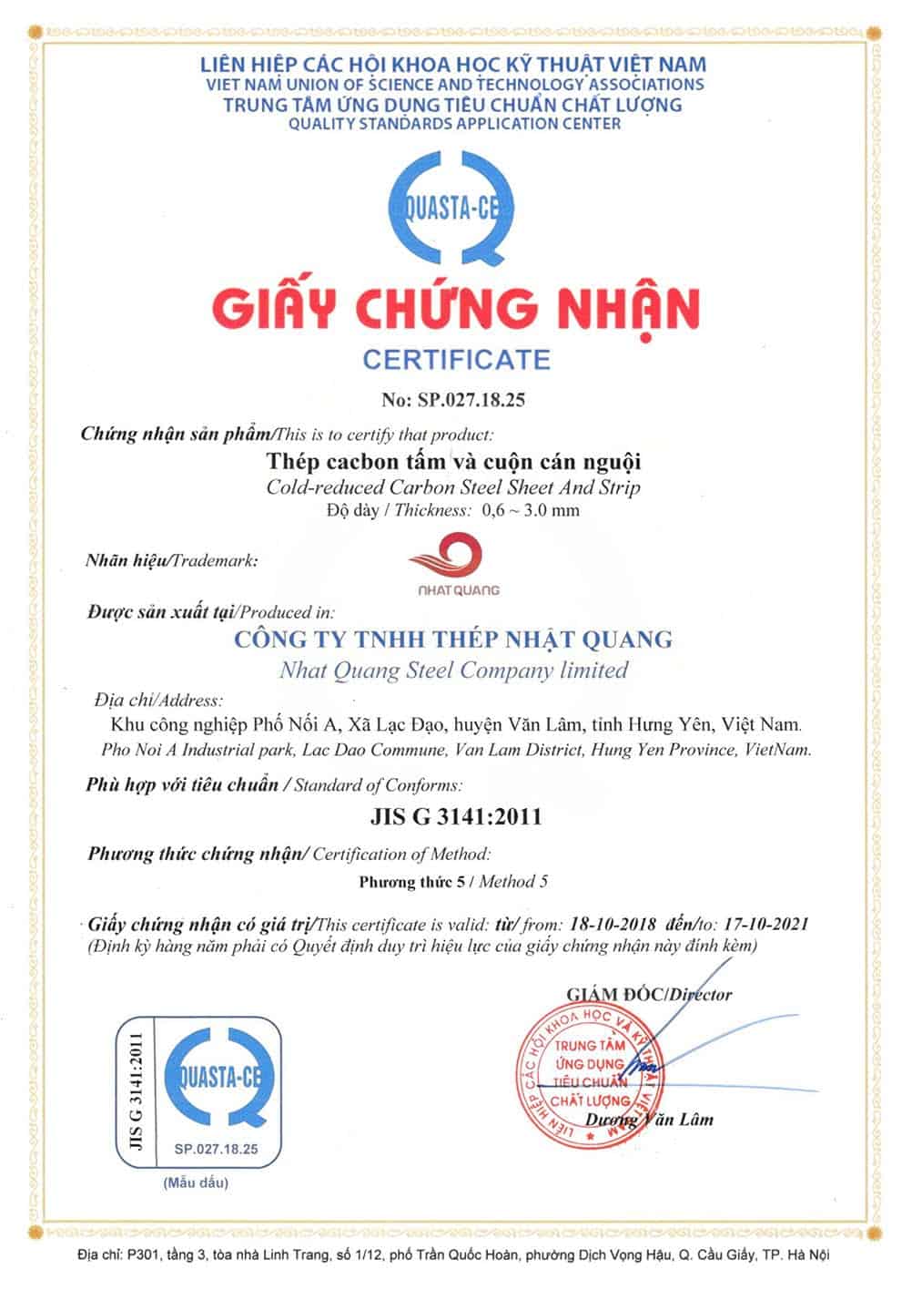 Giấy chứng nhận đạt tiêu chuẩn JIS 3141:2001 của thép cacbon tấm và cuộn cán nguội Nhật Quang