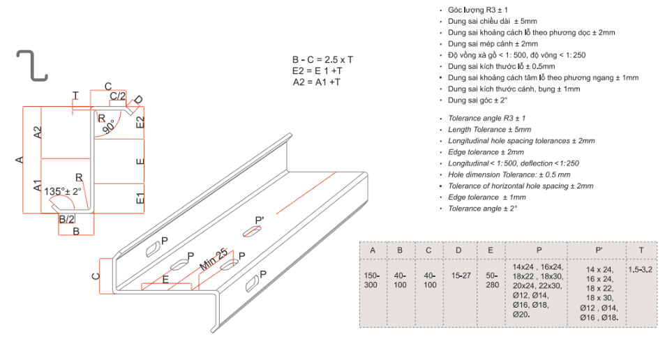 Thông số kỹ thuật chi tiết của xà gồ thép chữ Z Nhật Quang