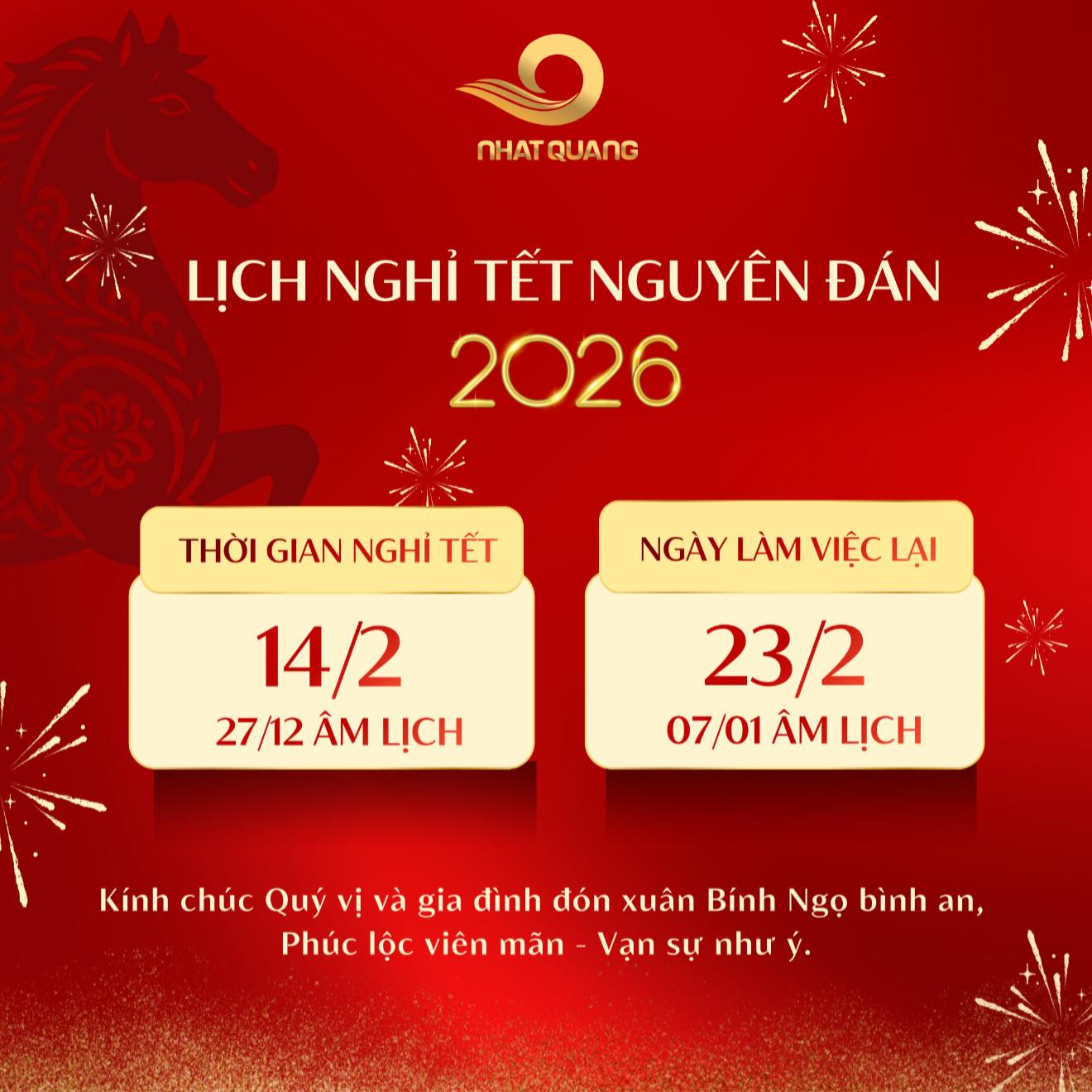 THÔNG BÁO LỊCH NGHỈ TẾT NGUYÊN ĐÁN BÍNH NGỌ 2026